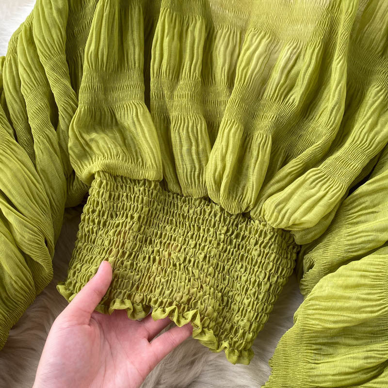 Pleated Puff Sleeves Slim Short Fashionable Chiffon Shirt Tops 44