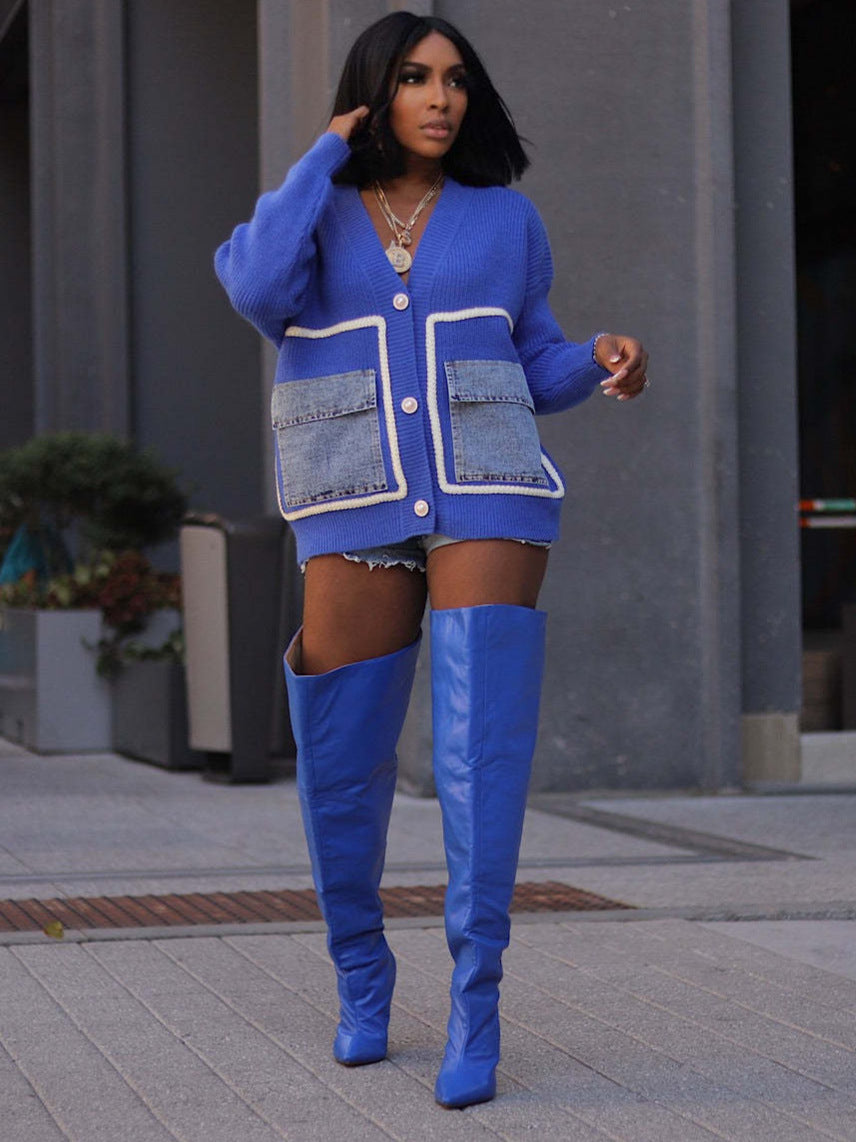 Women Patchwork Denim pocket cardigan sweater 12