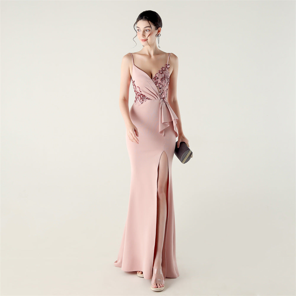 Women beaded tube pleated waist bow embroidery formal party evening dress 14