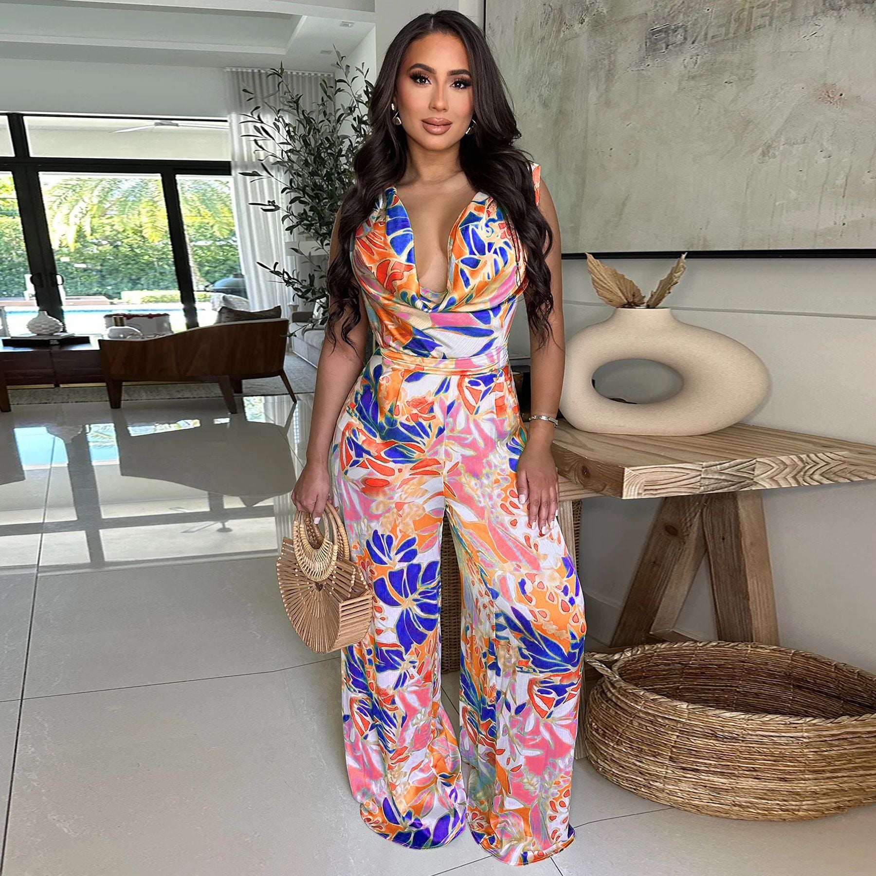 Fashionable women's sleeveless print wide leg jumpsuit 3