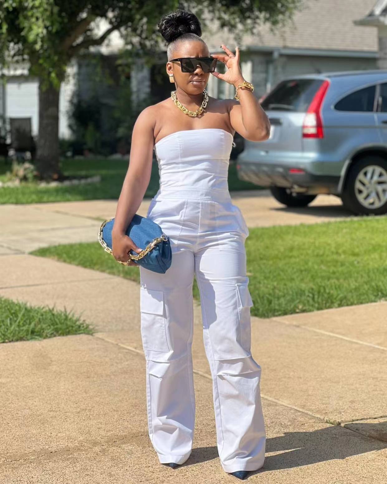 Women Strapless Cargo Pocket Sleeveless Jumpsuit 3