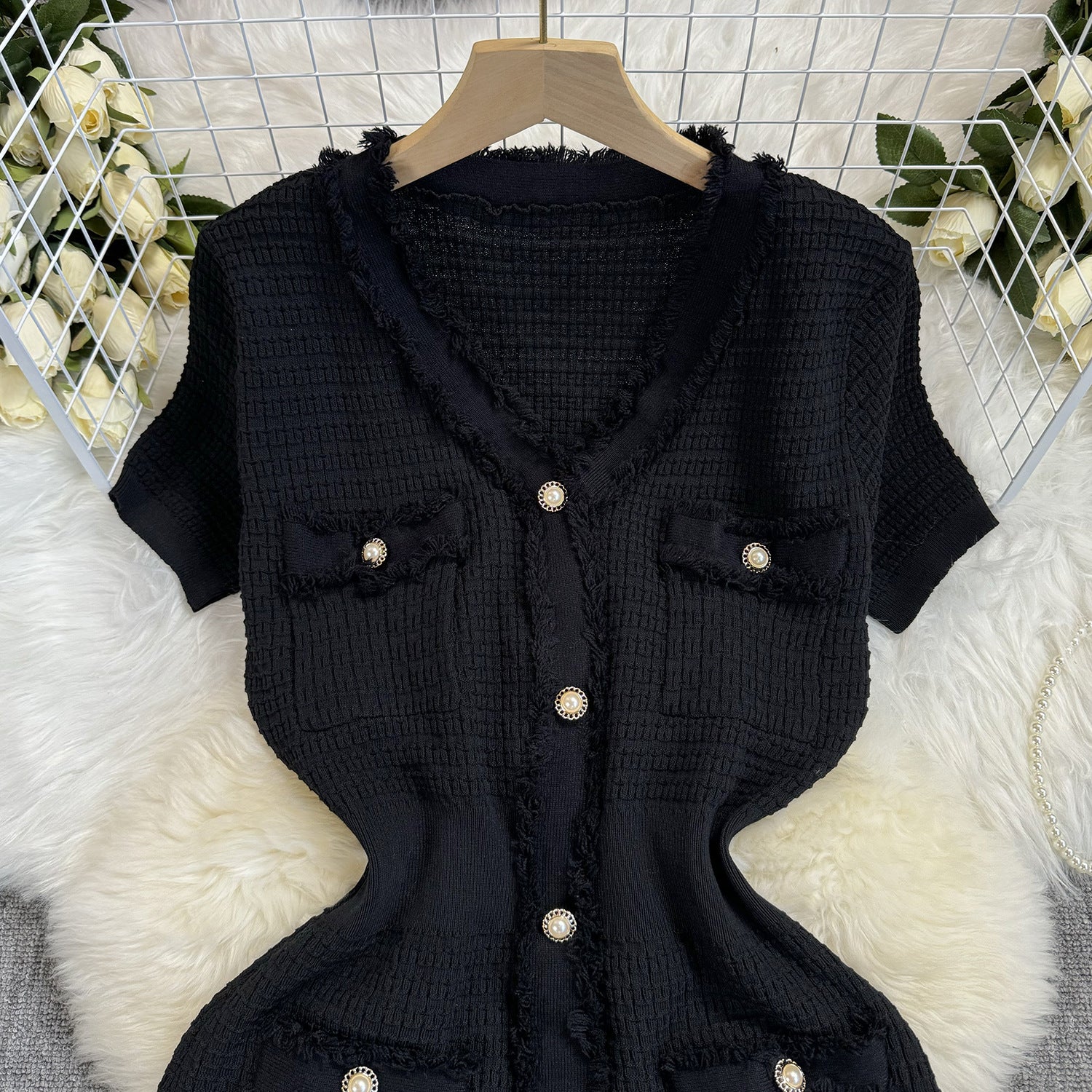 Summer Women's Buttoned Short-Sleeved V-Neck Slim Waist Slim Knitting Dress 10