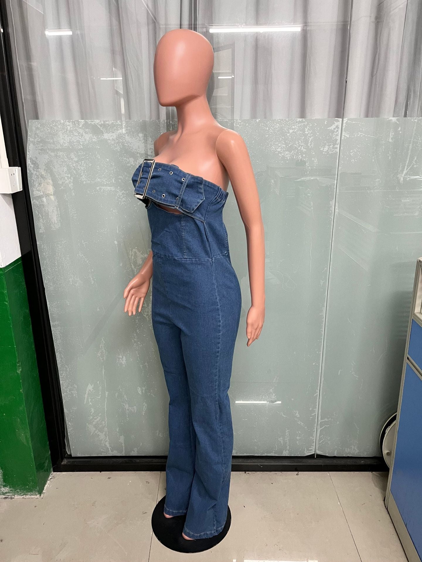 Women Casual Sexy Strapless Backless Adjustable Strap Denim Jumpsuit 8