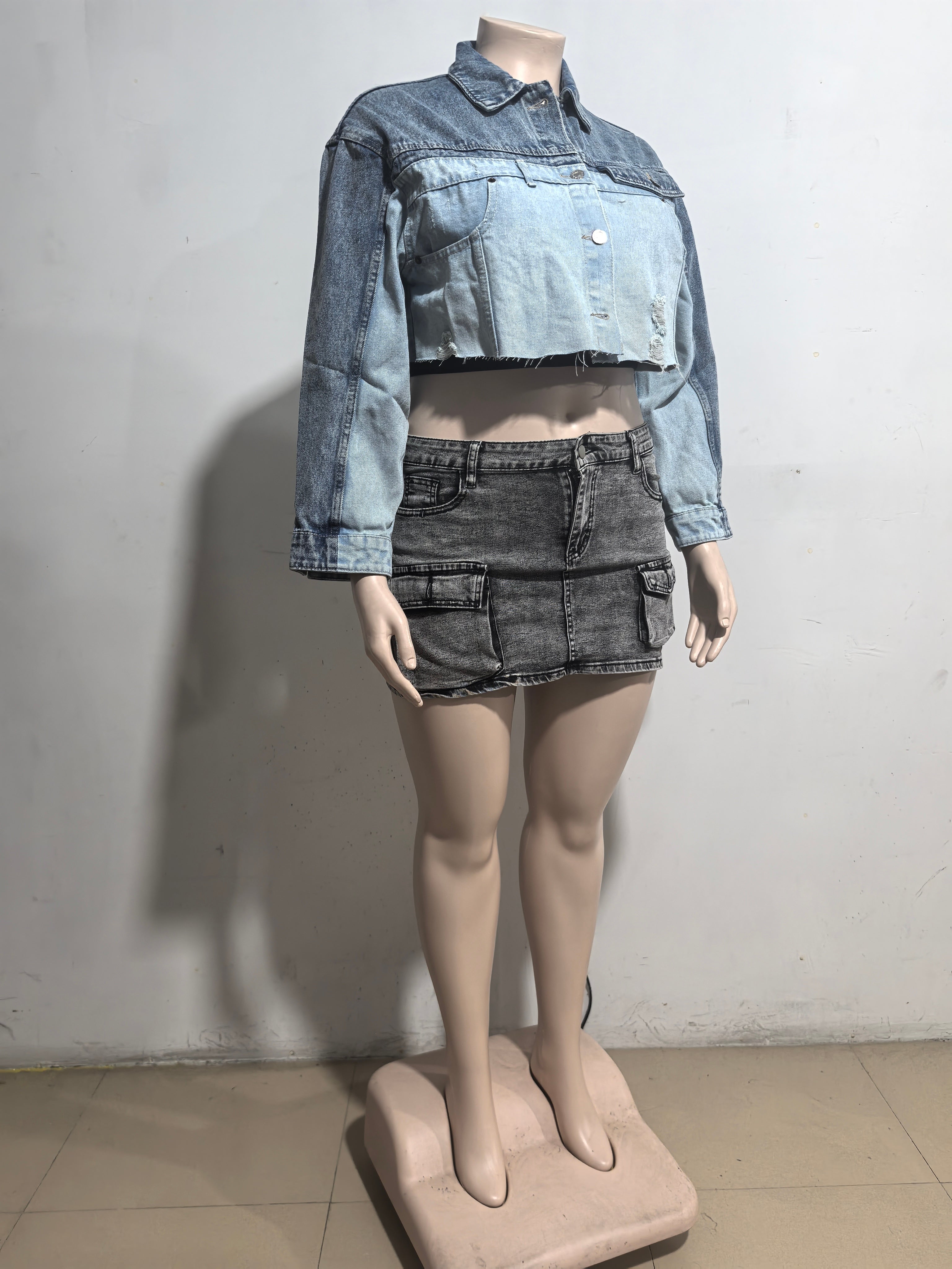 Women Casual Color Block Single Breasted Long Sleeve Denim Jacket 9