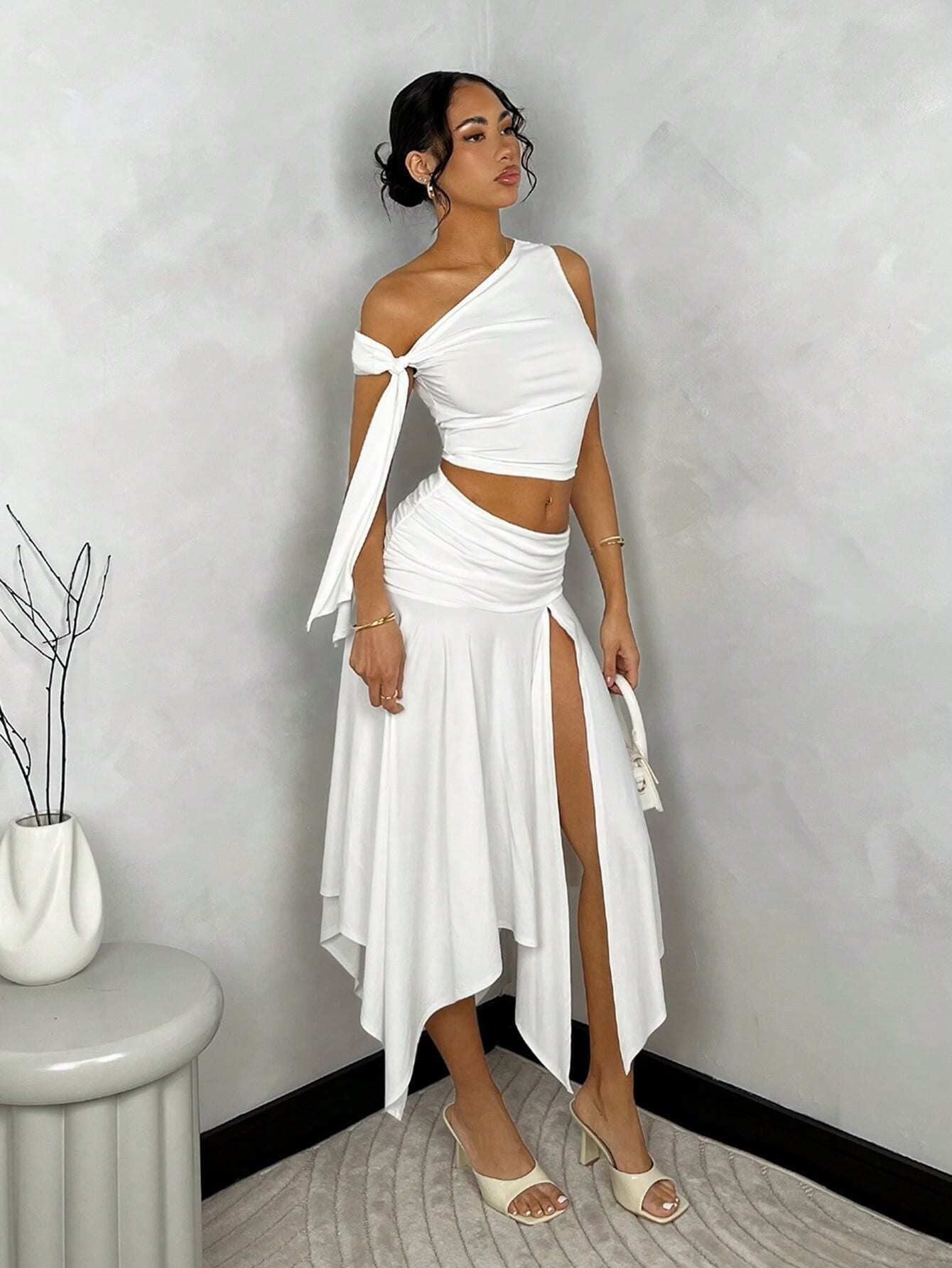 Women's Casual Slash Shoulder Top Slit Skirt Two-Piece Set 5