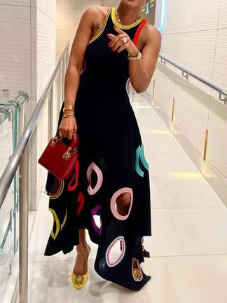 Women Summer Swallowtail Sleeveless Print Hollow Round Neck Dress 3