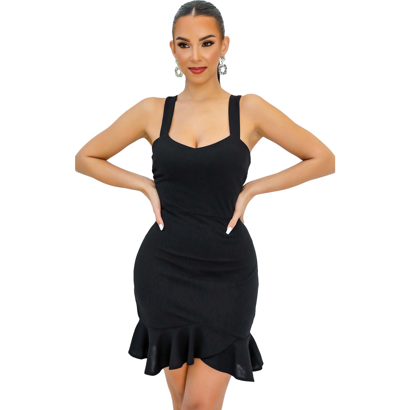 Fashion Solid Color Straps Ruffle Bodycon Dress