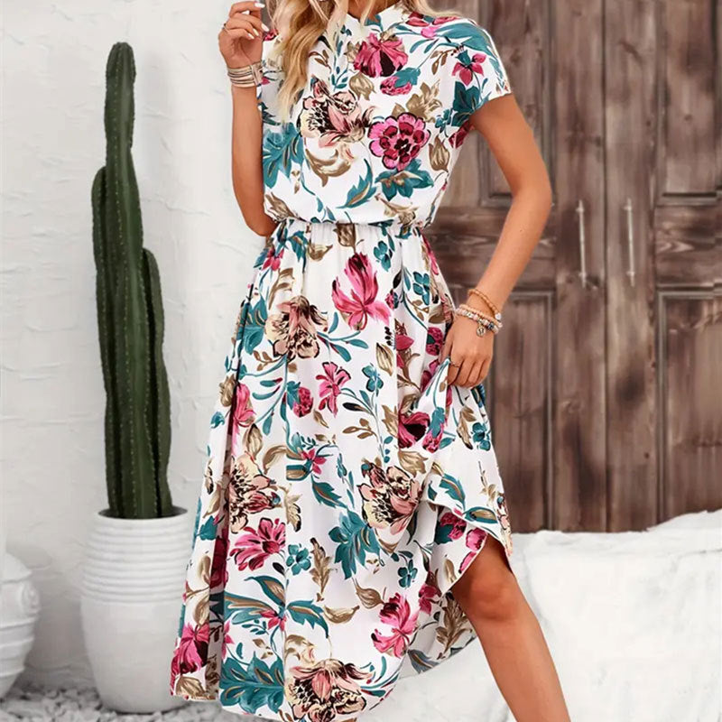 Women's Flower Print Loose Stand Collar Short Sleeve Spring and Summer Midi SDress 5