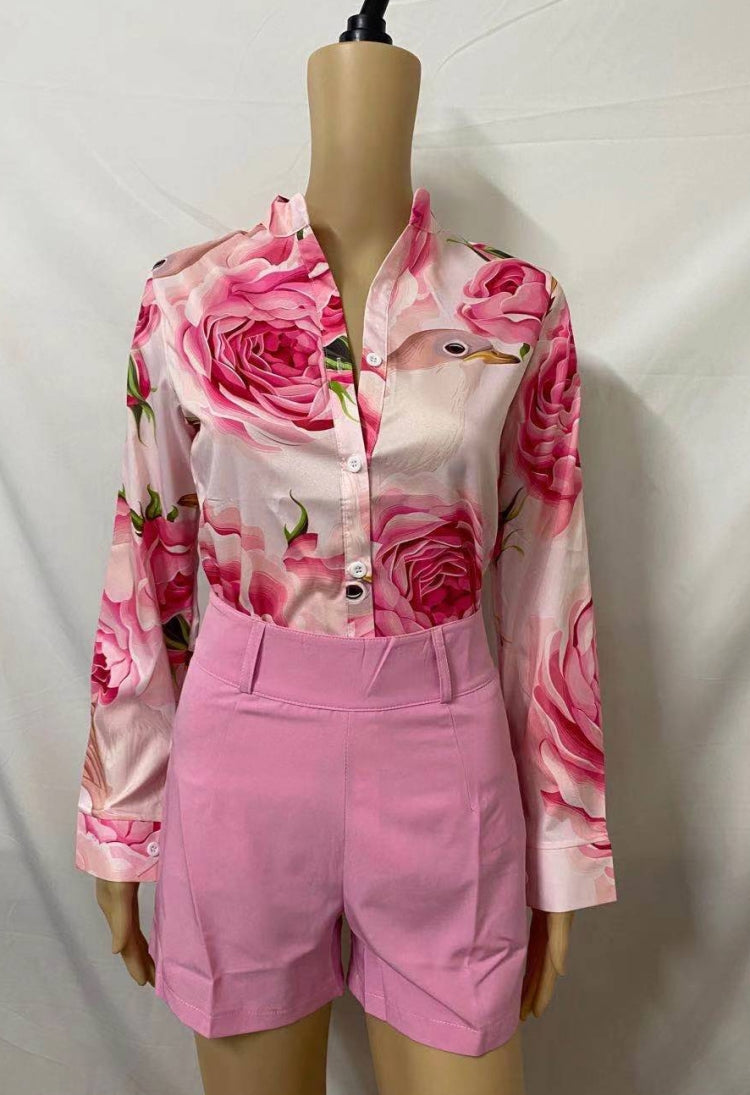 Summer Formal Print Pink Long Sleeve Blouse and Plain Shorts 2 Piece Set 3