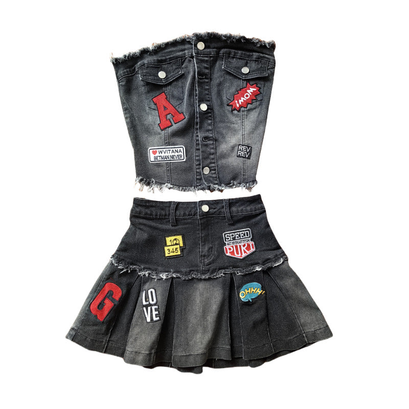 Women Stretchy Embroidered Strapless Top and Pleated Skirt Two-Piece Set 7