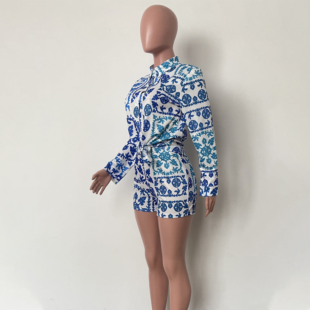 Women's Fashion Print Casual Long Sleeve Cardigan Shorts Pocket Two-Piece Set 10