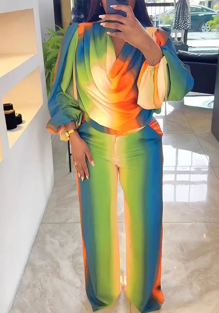 Women lantern sleeves Print swing collar top and wide-leg pants Two Piece Set