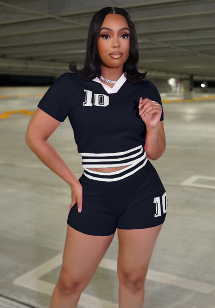 Fashionable Summer Turndown Collar Contrast Knit Top Shorts Set