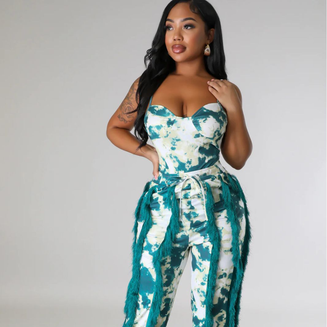 Women's Two-piece Pants V-Neck One-Piece bodysuit Top Sexy Tie-Dye Tassel Trousers Set 8