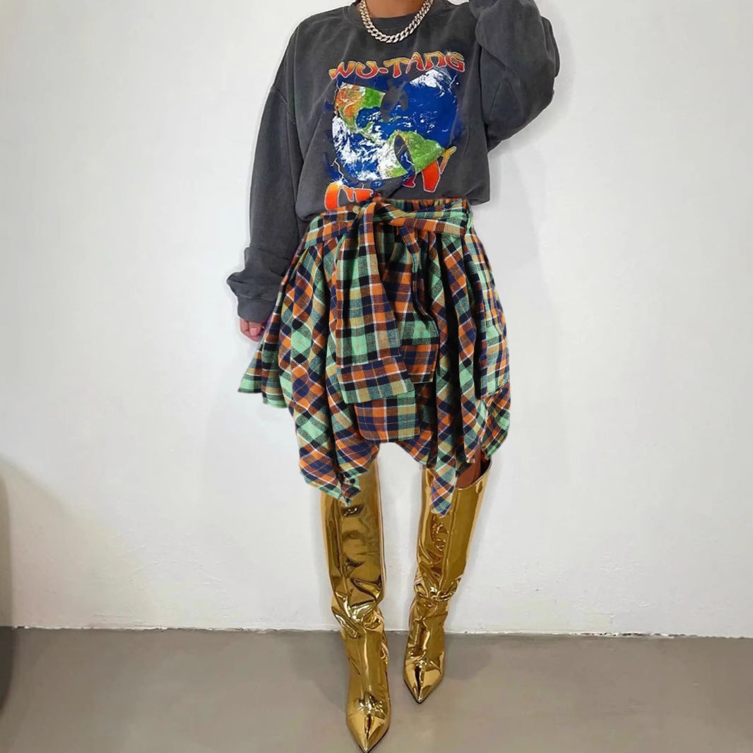Women Style Patchwork Irregular Plaid Skirt 5