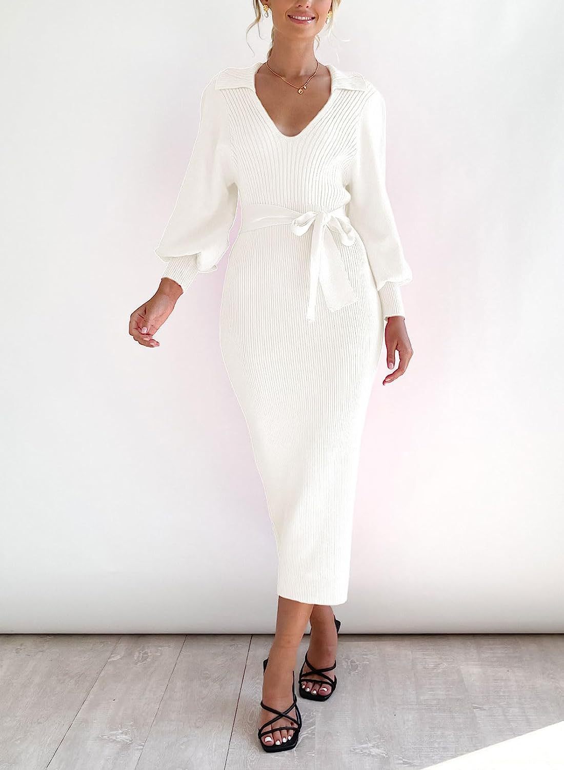 Women's Sweater Dress Elegant Long Sleeve V Neck Sexy Knitting Tight Fitting Dress 3