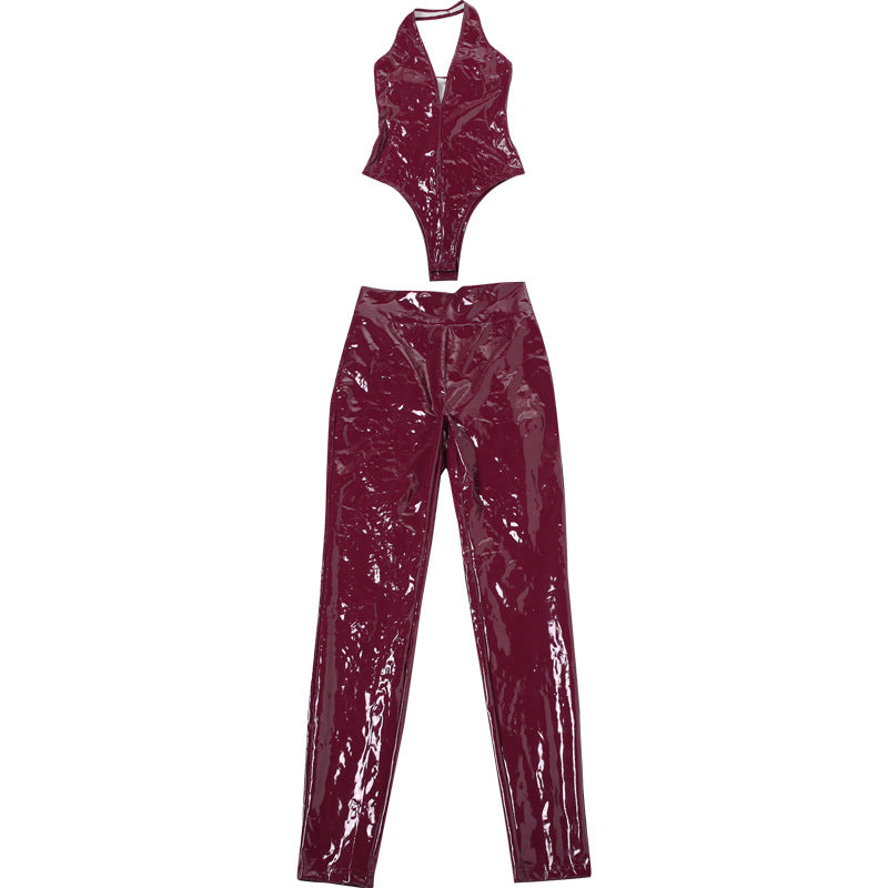 Women Sexy Pu Leather Halter Neck Backless Suspender Zipper Top and Pants Two-Piece Set 11