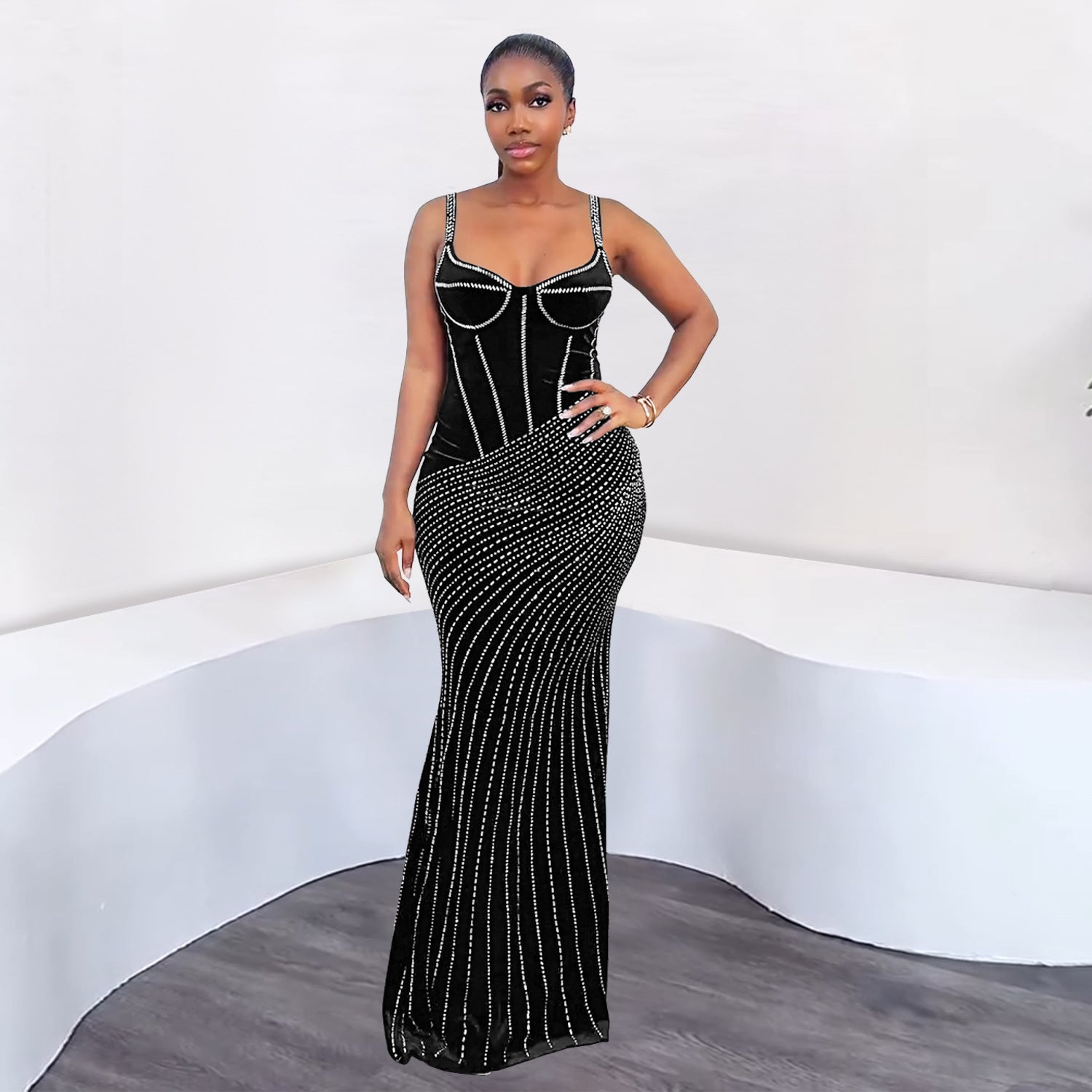 Women sexy beaded suspender dress