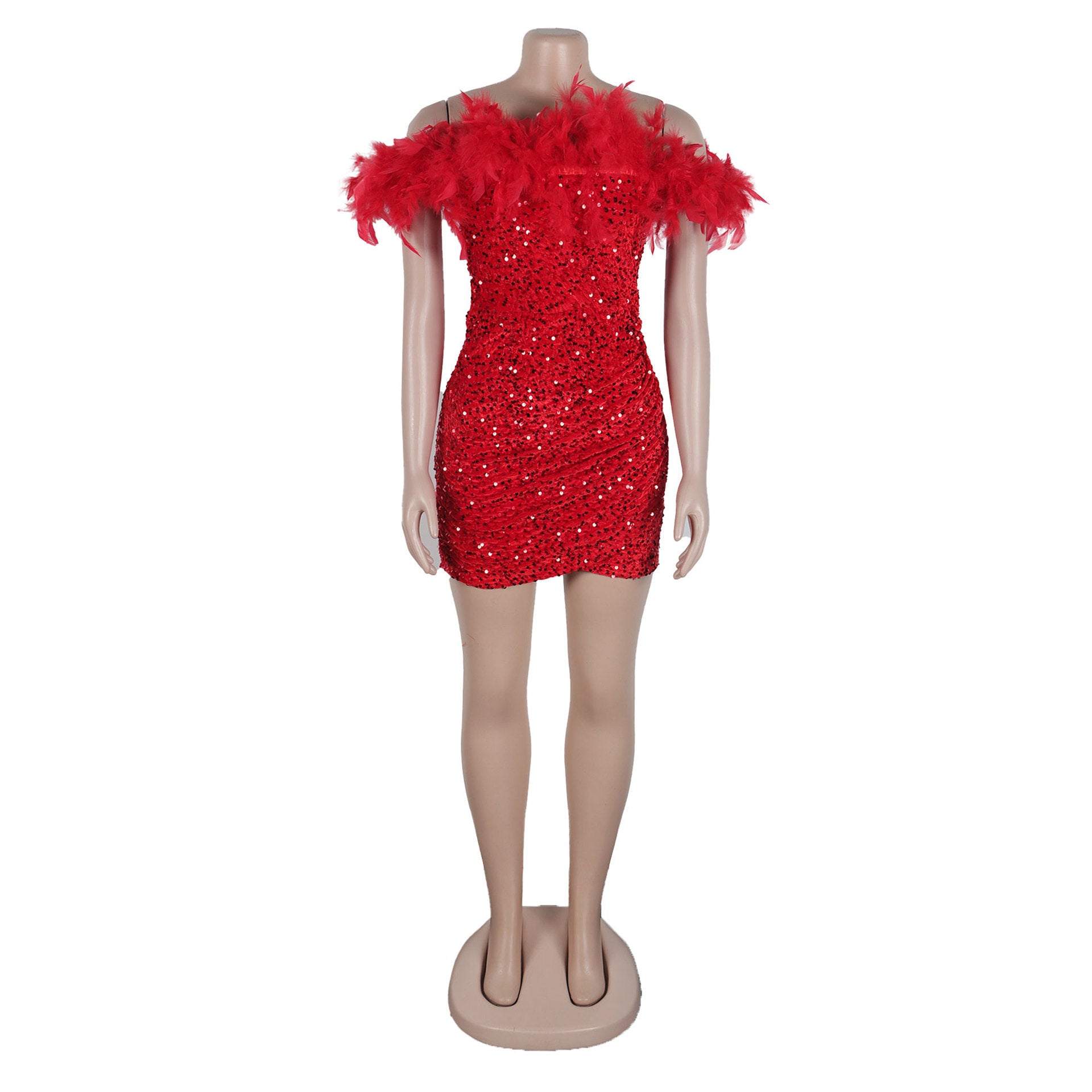 Sexy Sequin Feather Off Shoulder Bodycon Dress 16