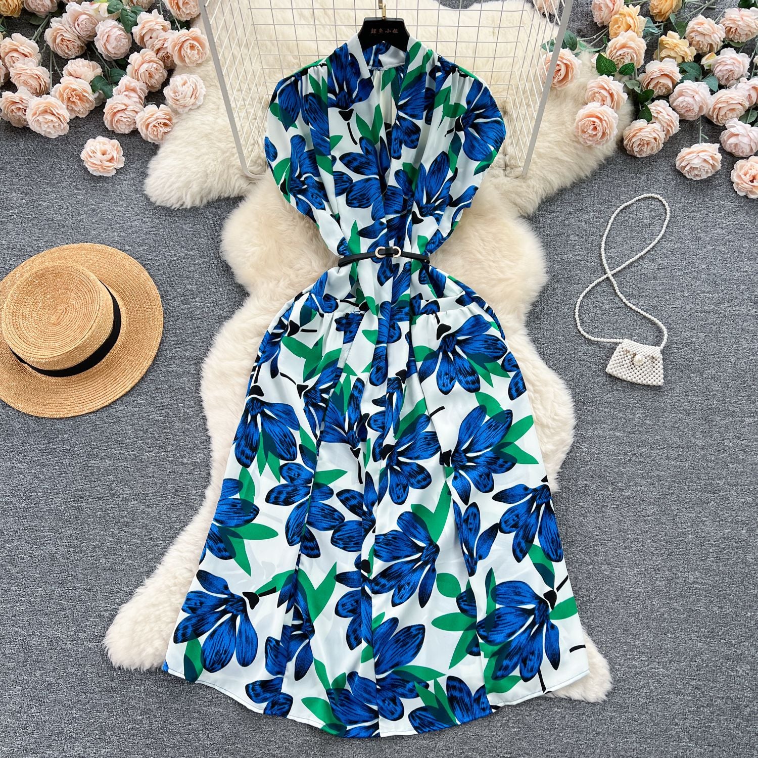 Retro V-Neck Print Dress Women's Summer Tie Slim Waist Loose Shirt Dress 15