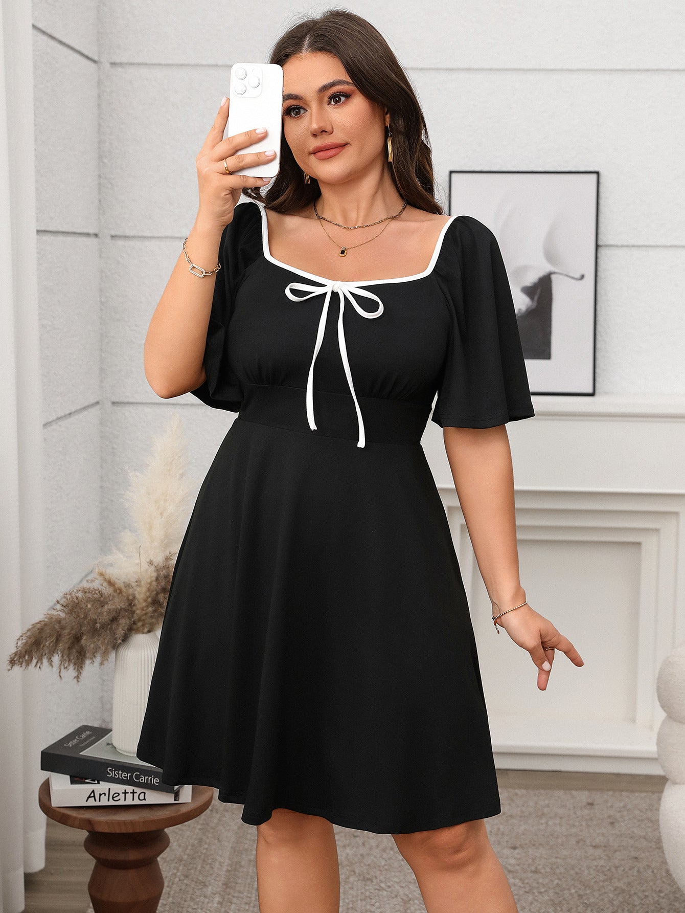 Plus Size Loose Square Neck Bow Tie Long Dress 6