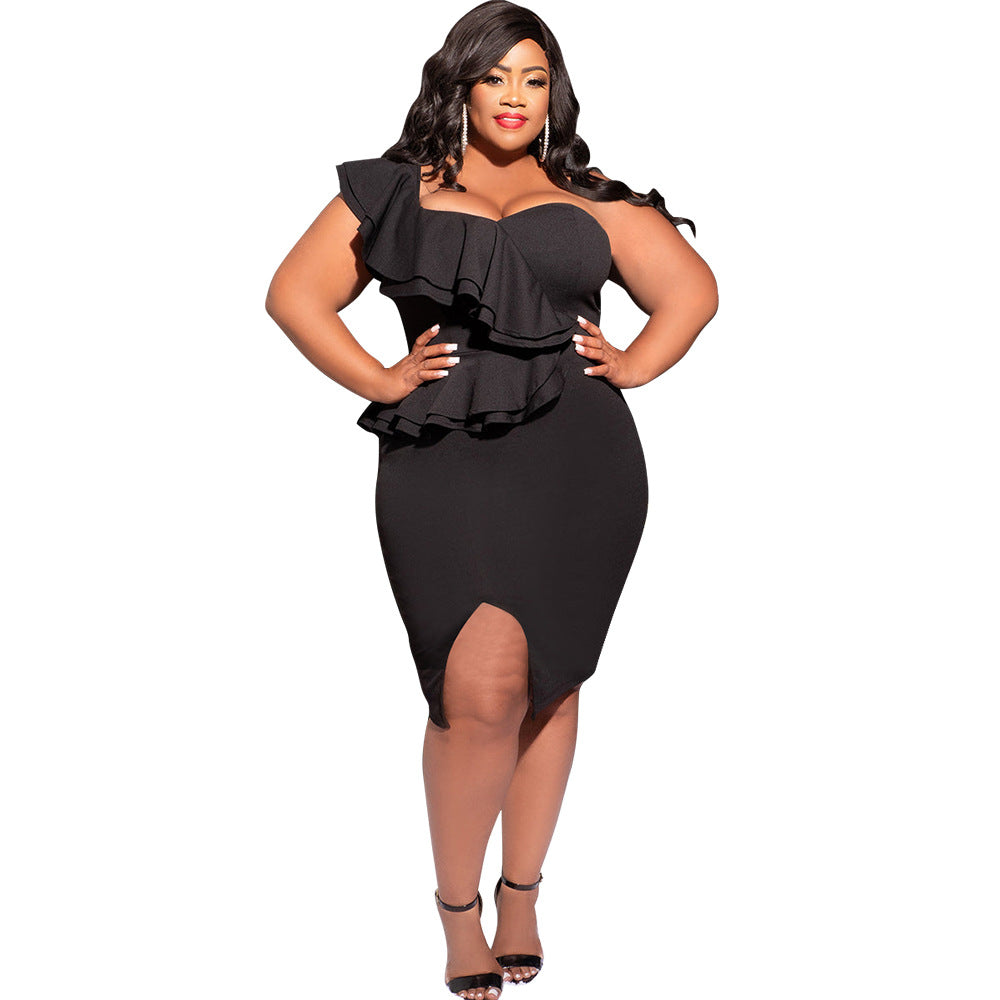 Spring Summer Plus Size Fashion Casual Ruffled Slit One Shoulder Bodycon Slit Dress 10