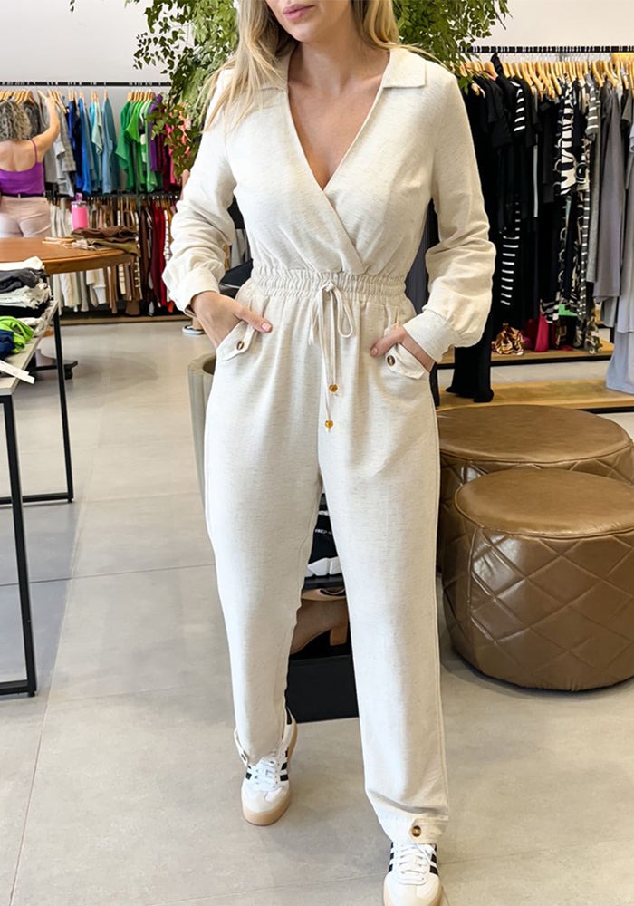 Women Turndown Collar Long Sleeve Drawstring Lace-Up Patch Pocket Cuff Jumpsuit