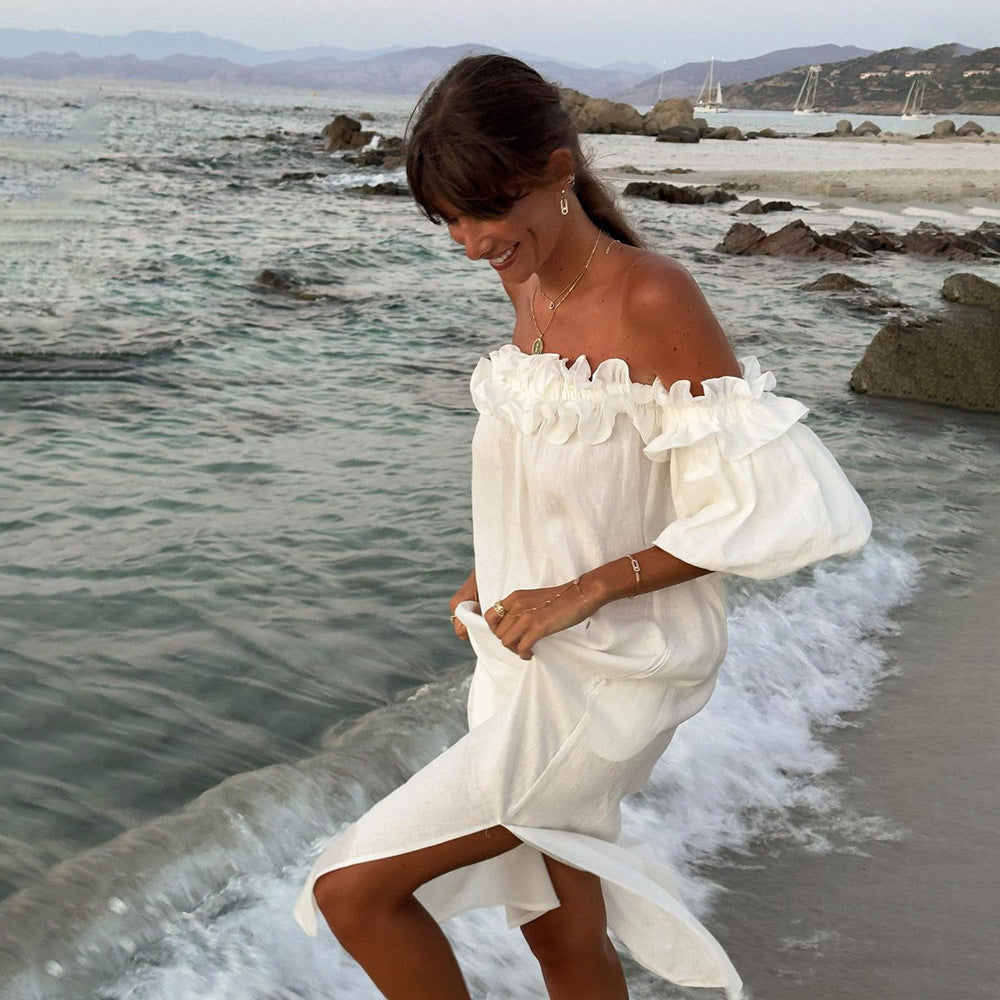 Women Off Shoulder Sexy Puff Sleeves Solid Lace Holidays Beach Dress 3