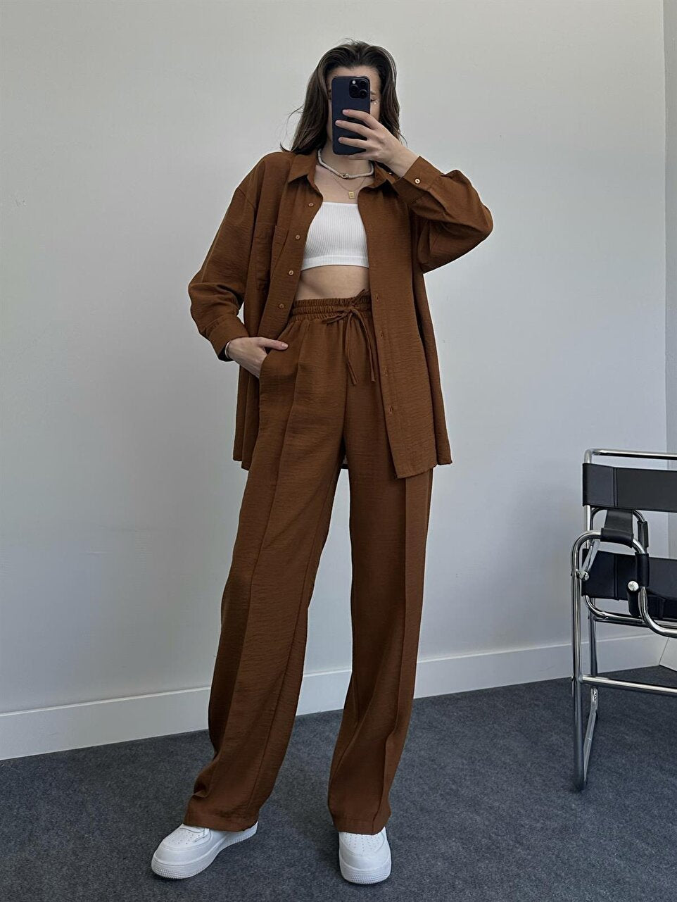 women's autumn and winter long-sleeved shirt elastic waist trousers casual two-piece pants set 6