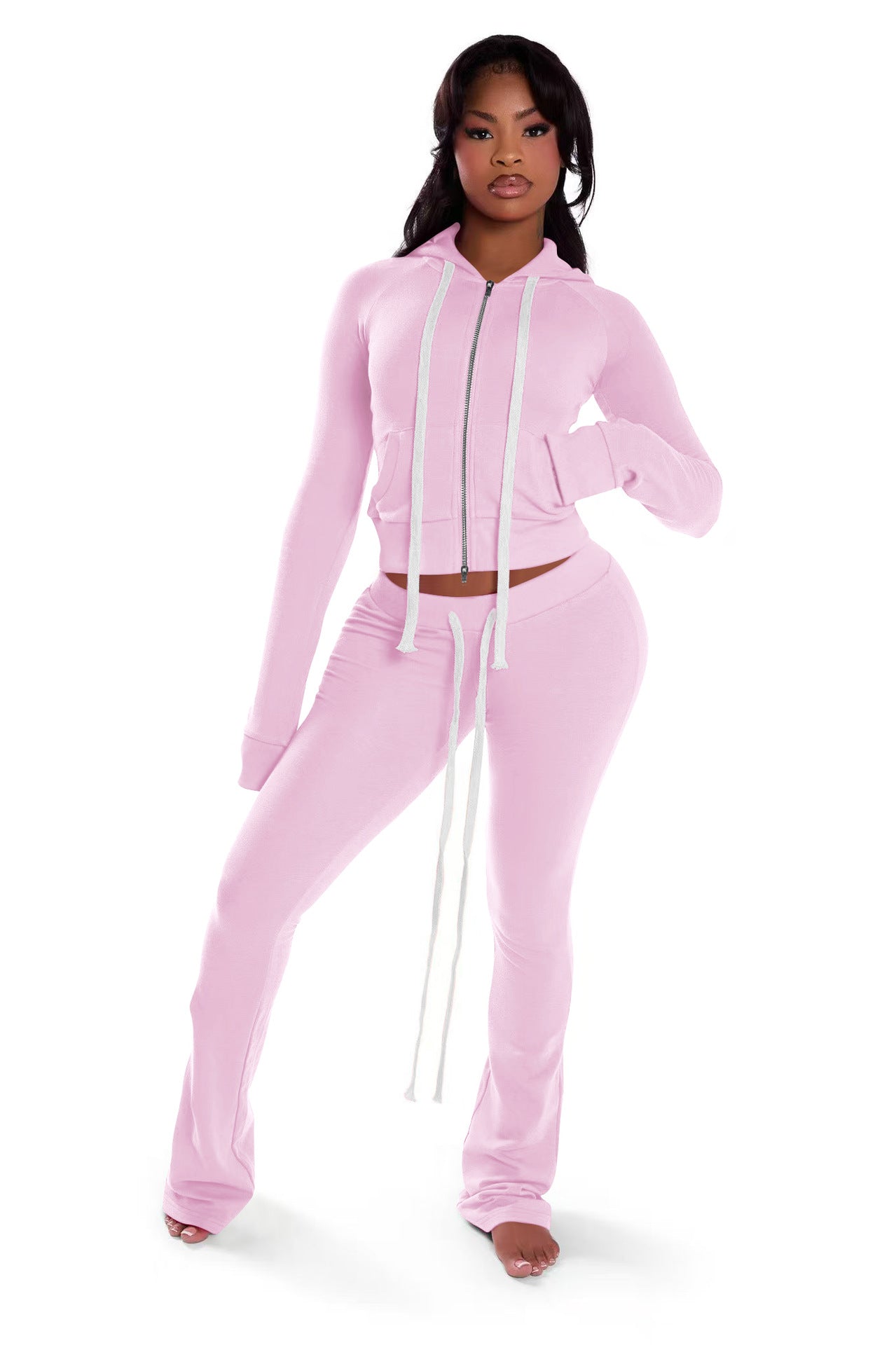 Women Zippered Hooded Top and Pant Two-Piece Set 8