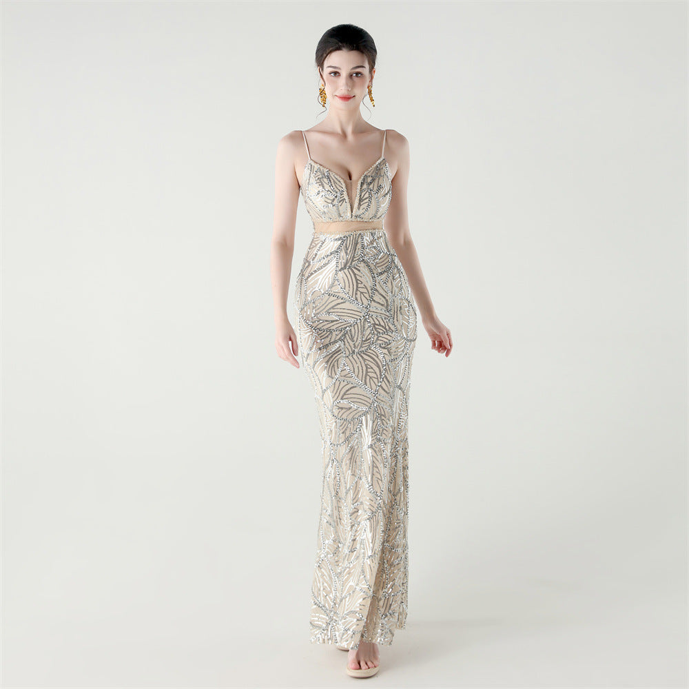 Women See-Through Mesh back cross Lace-Up fishtail sequined evening dress 3