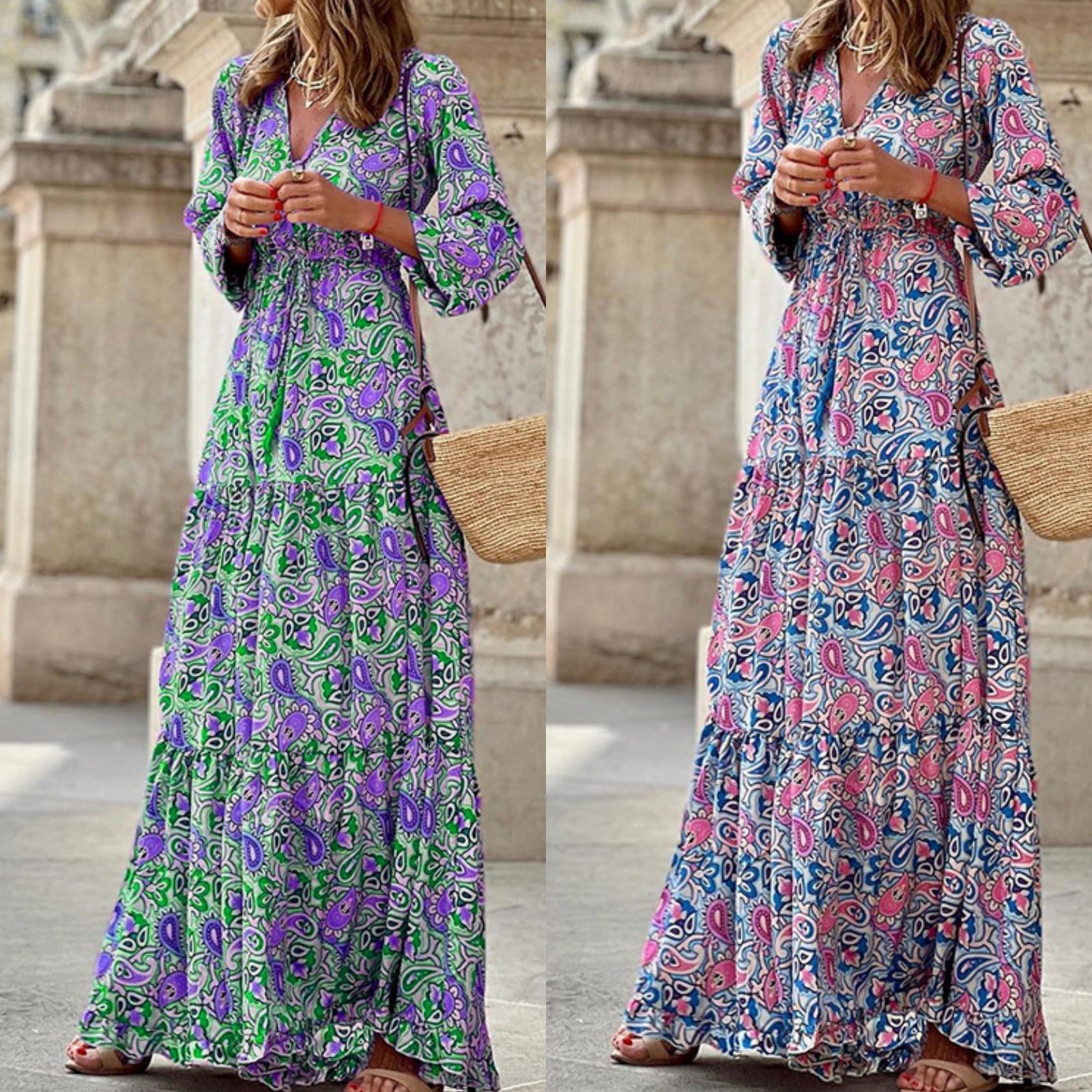 Women's Fall Chic V-Neck Boho Print Swing Dress