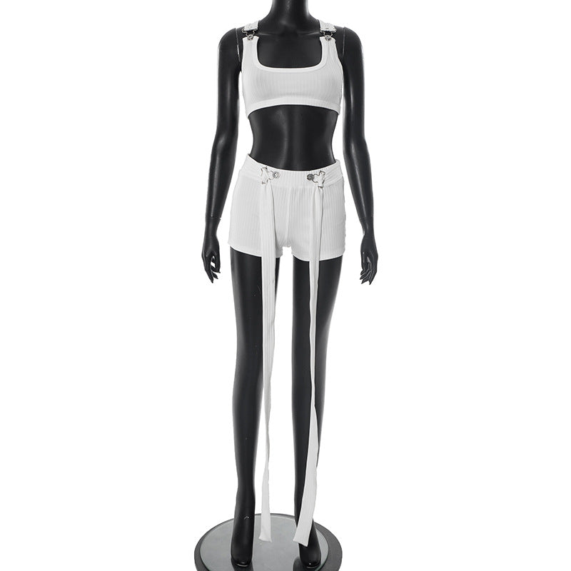 Women's Spring-Summer Ribbed Halter Buckle Vest with Loose Ribbon Shorts Set 7