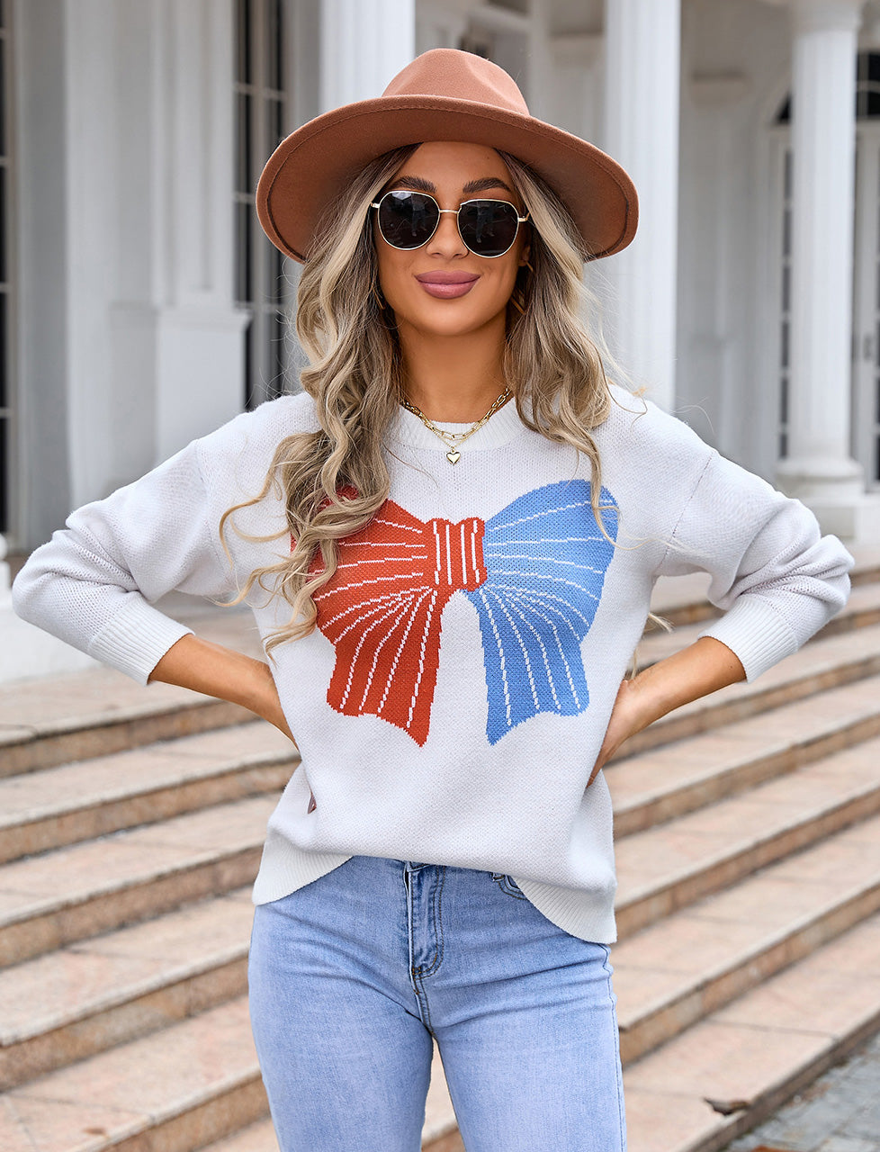 Autumn Winter Sweater Women's Bow Color Matching Knitting Pullover Shirt