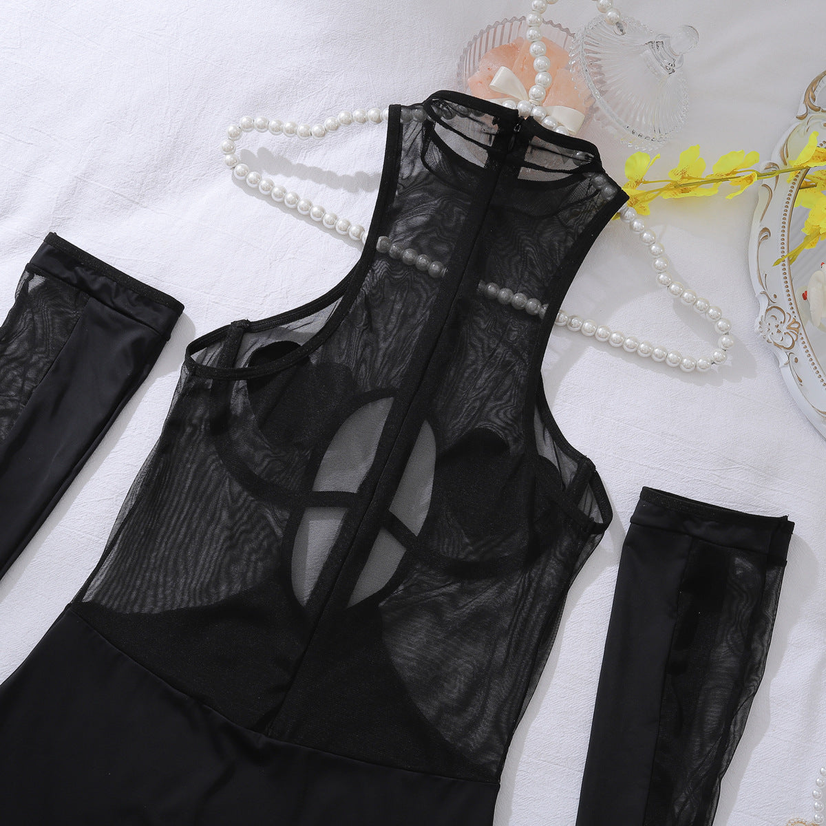 Heart Print Mesh Halter Neck Bodysuit High Neck Lingerie Set 15