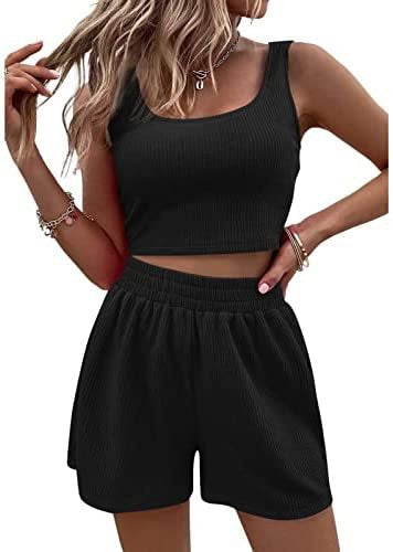 Summer Sweet Women's Knitting Sleeveless Casual Solid Color Two Piece Shorts Set 3