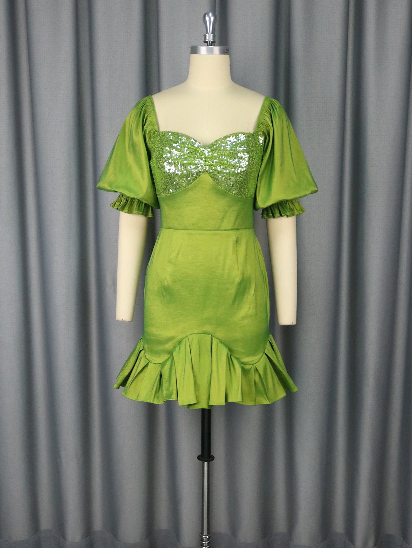 Elegant Puff-Sleeve Party Dress Sequin Patchwork Ruffled Formal Bodycon Gown 5