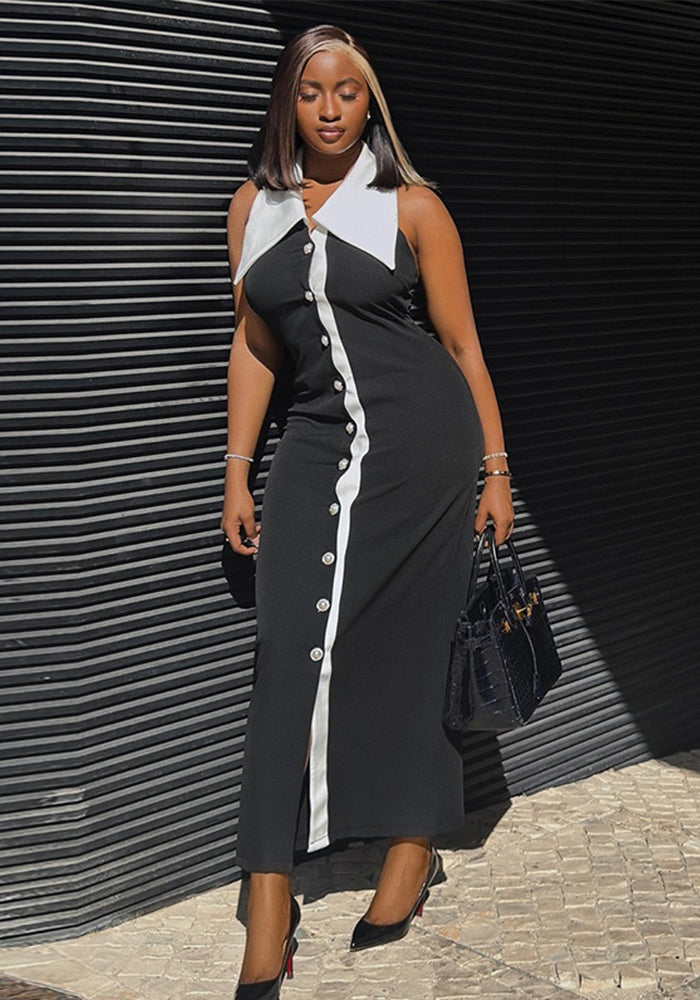 Women dress Turndown Collar color matching button sleeveless Casual Dress