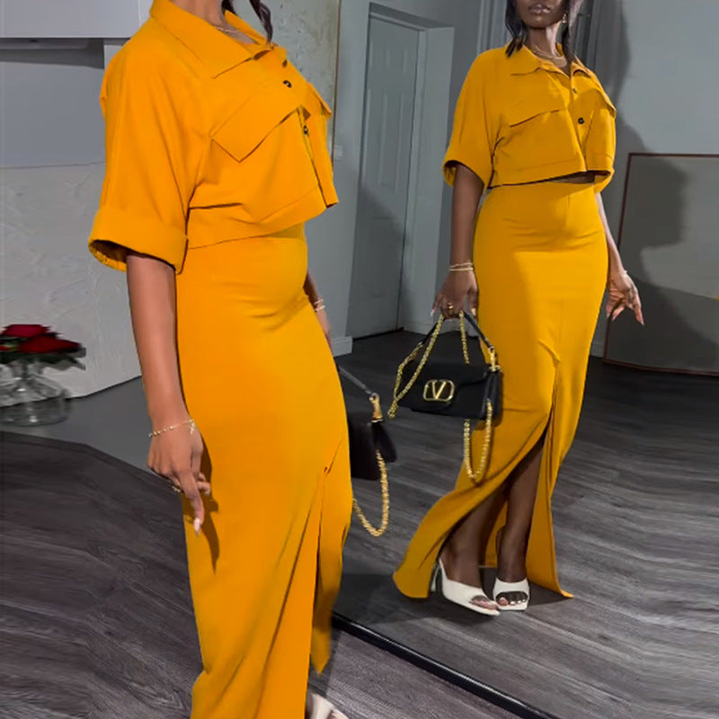 Women's Summer Turndown Collar Short Sleeve Shirt Top Slit Long Skirt Suit 5