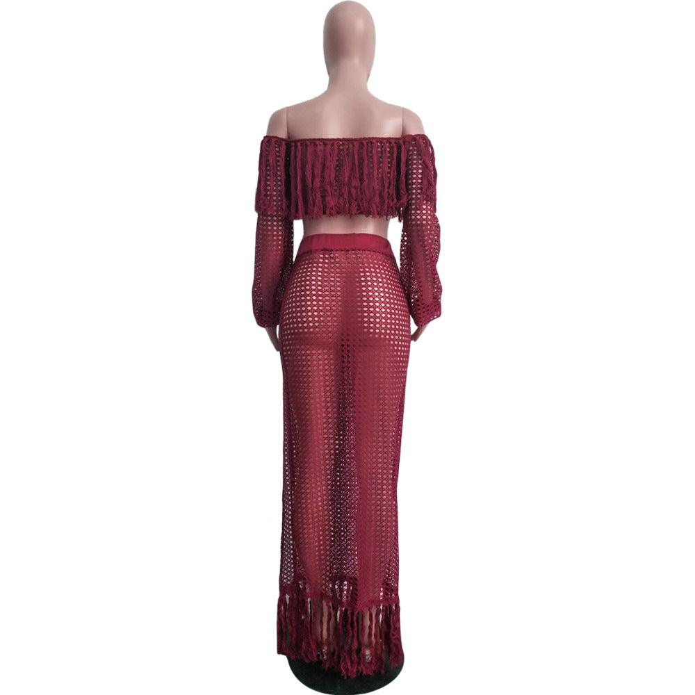 Summer Hollow Sexy Fashion Mesh Tassel See-Through Two-Piece Skirt Set 12