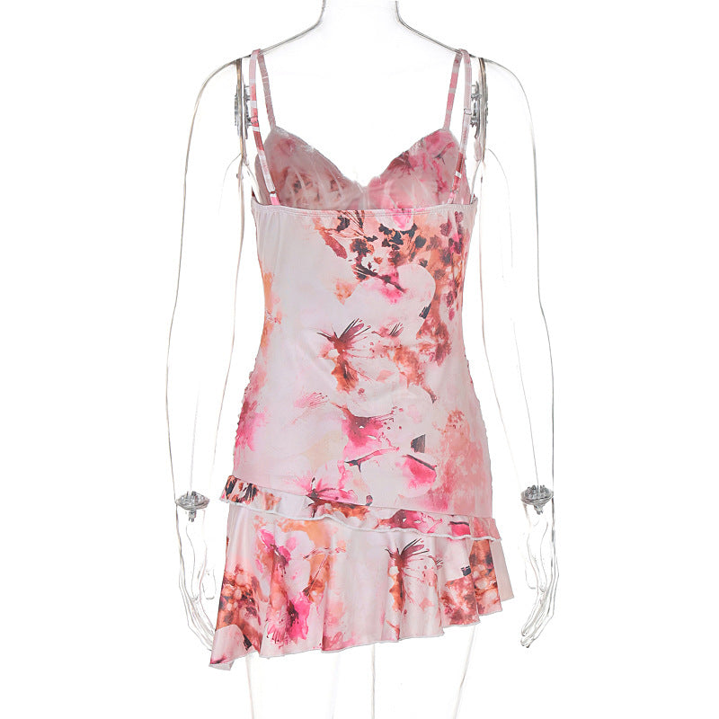 Women summer wave edge suspender sexy print dress 6