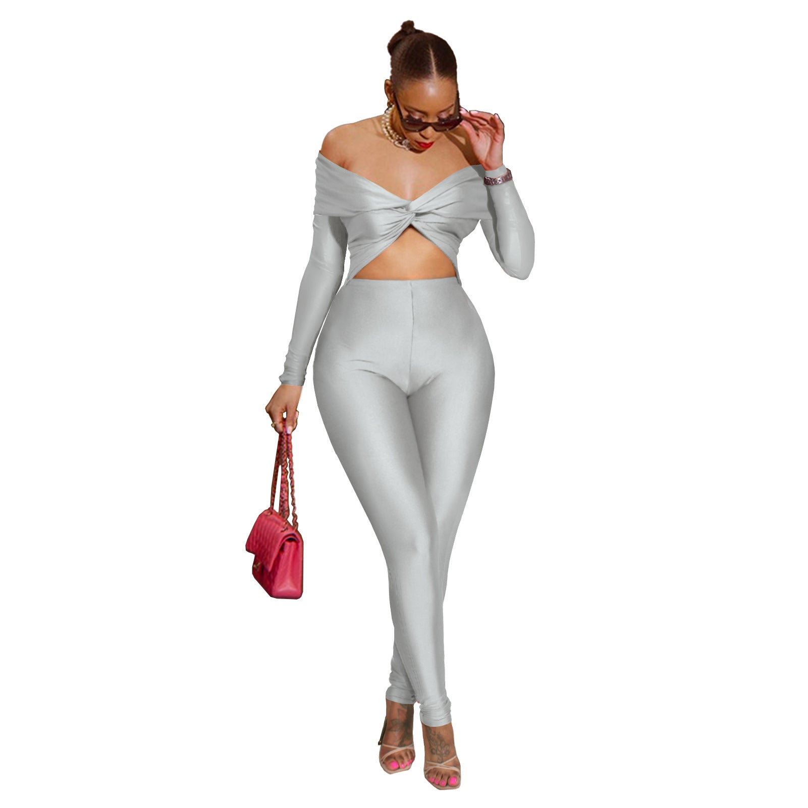 Women's off shoulder Knot Hollow Sexy High Waist Long Sleeve Jumpsuit 12