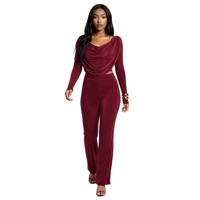 Women Fall Solid Casual Long-Sleeved Top and Pants Two-Piece Set 13