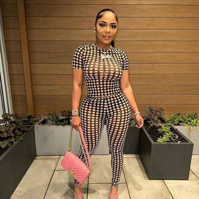 Women Multi-Color Polka Dot Mesh Printed Short Sleeve Top and Pants Two-Piece Set