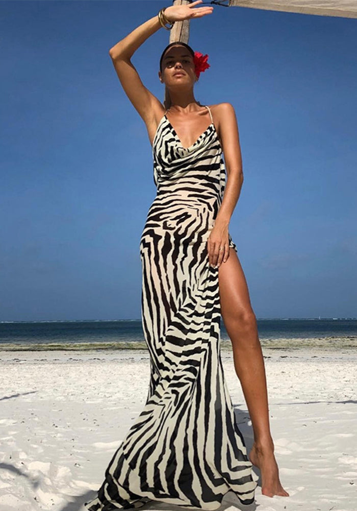 Women autumn zebra print slit lace see-through sexy holidays Dress