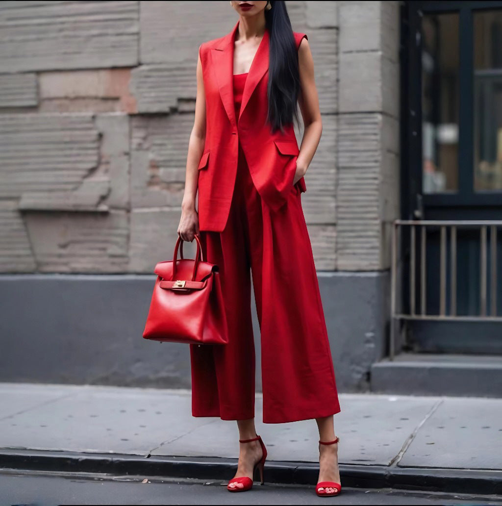 Women's Solid Color Sleeveless Straight-Leg Pantsuit Professional Office Set 9