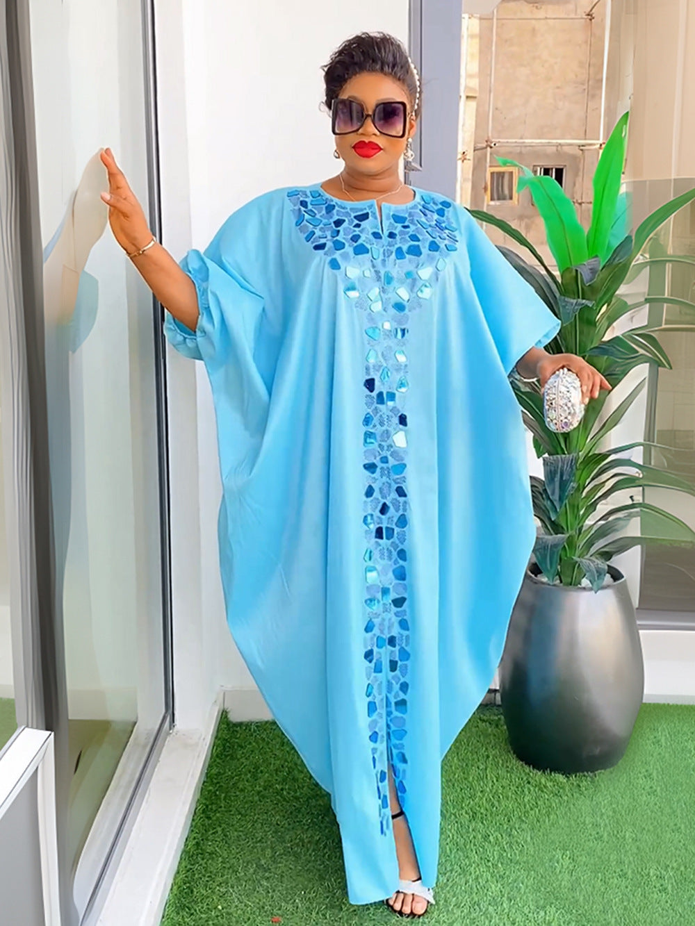 Beaded Long Dress African Women Plus Size Loose Robe 6