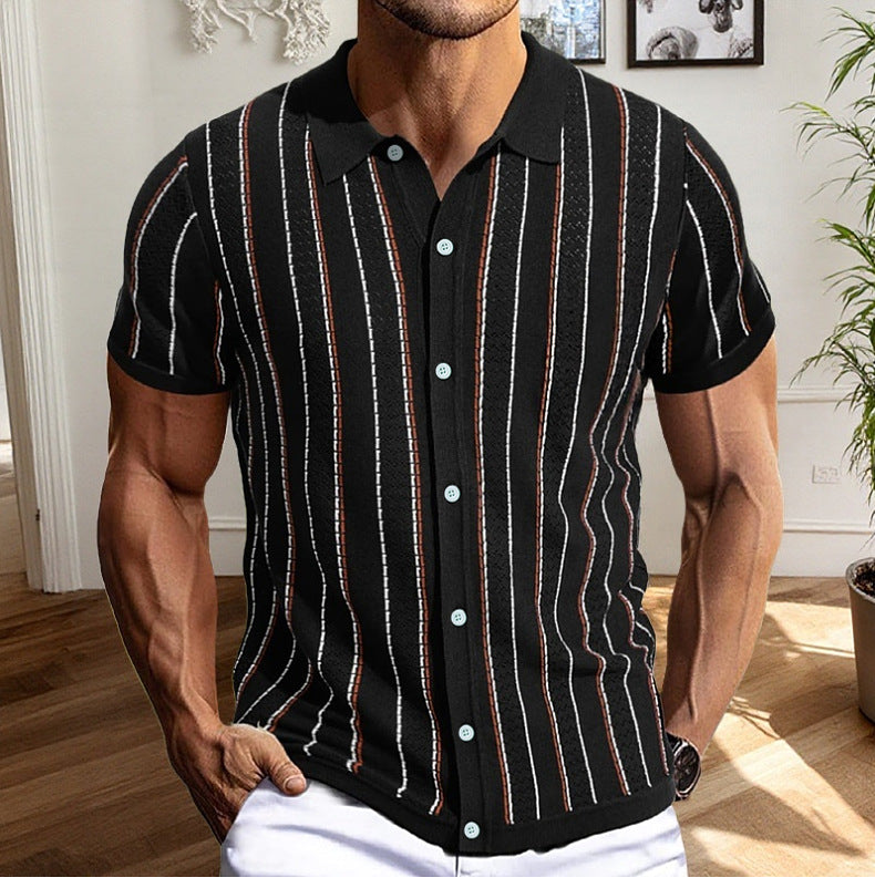 Men's Summer Short-sleeved Striped Knitting Shirt Polo T-shirt 4