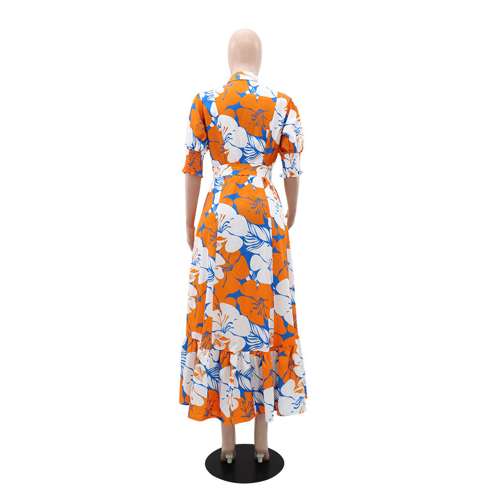 Women's Summer Print Turndown Collar Belt Slim Waist Long Dress 9