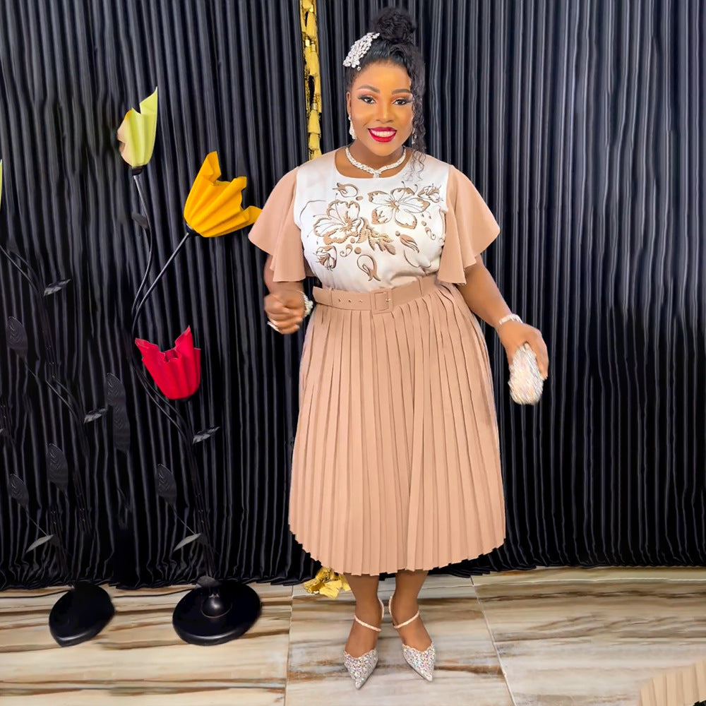 African Women's Printed Mother Of The Bride Dress Plus Size Pleated Dress With Belt 6